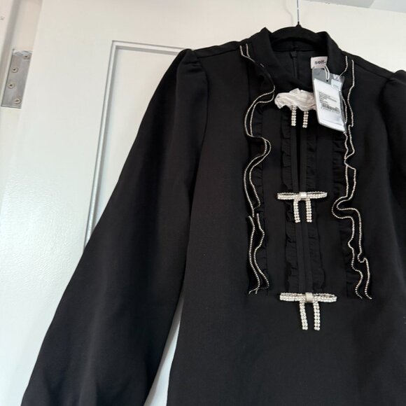 NWT Self-Portrait Ruffled Bib Mini Dress Black Crepe Crystal Trim & Bow Details - Picture 7 of 10